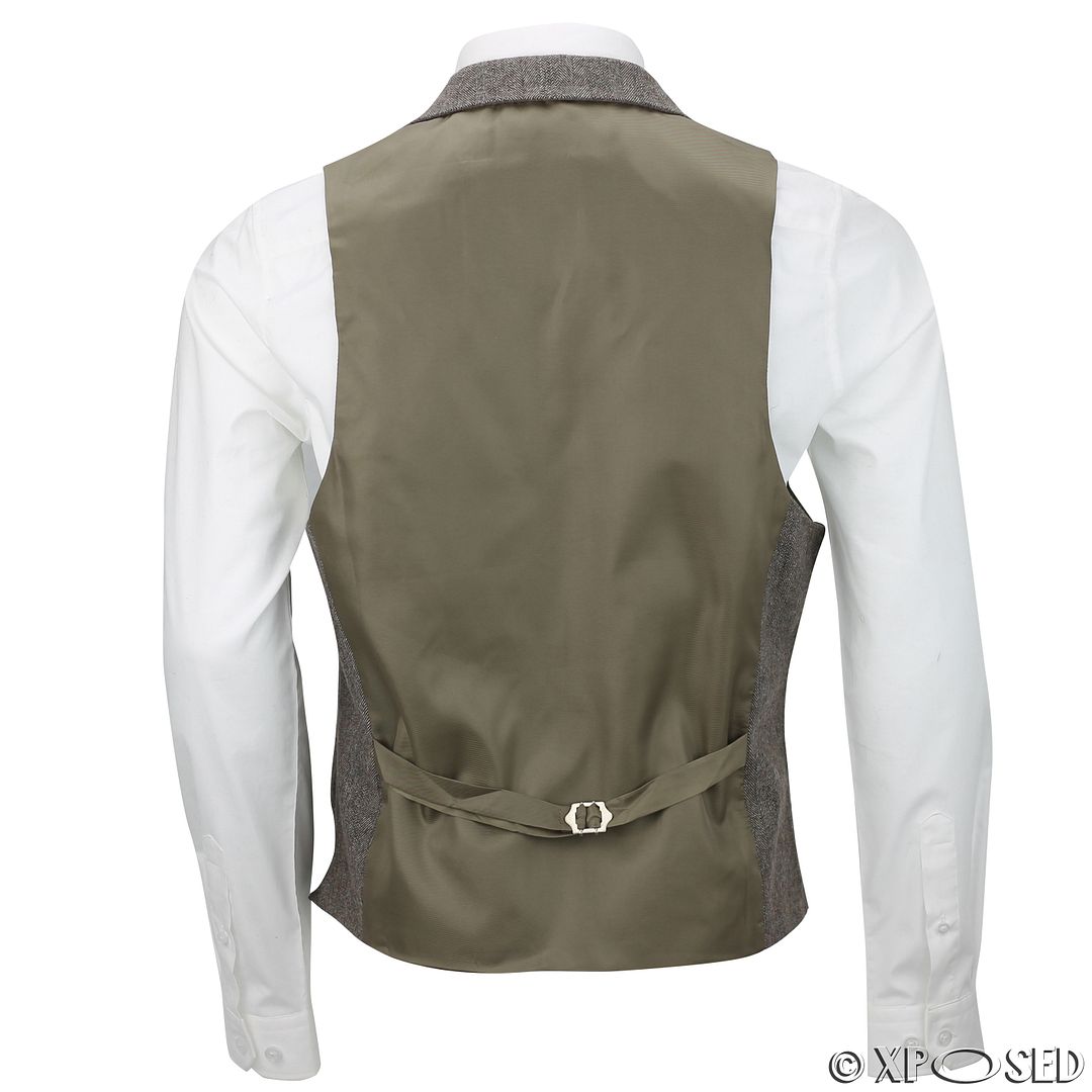 Mens Brown Grey Herringbone Tweed Checks Slim Fit Trousers Vintage